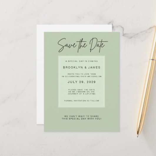 Sage Green Minimal Wedding Save The Date 案内ポストカード (正面/裏面インサイチュ)