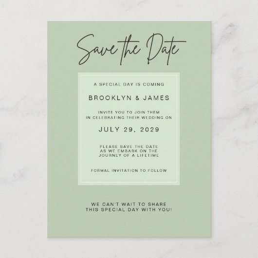 Sage Green Minimal Wedding Save The Date 案内ポストカード (正面)