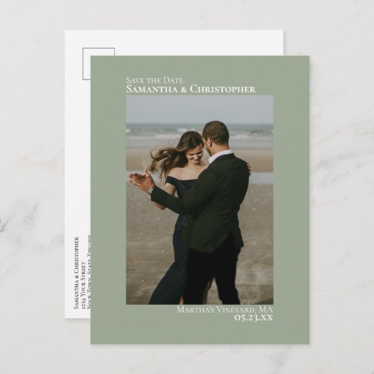 Sage Green Minimalistの結婚写真Save The Date 案内ポストカード (正面/裏面)