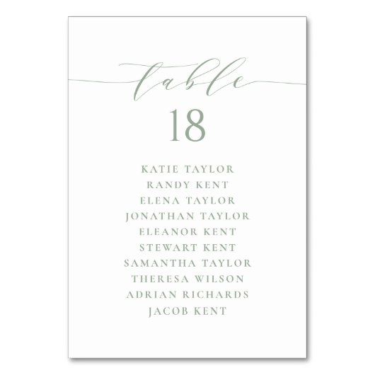 Sage Green Minimalistスクリプト結婚のシーティングプラン テーブルナンバー (裏面)