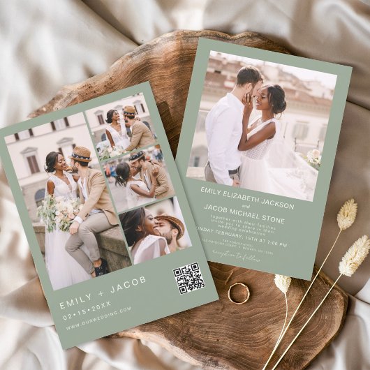 Sage Green Minimalist写真QRコードホワイト結婚ズ 招待状