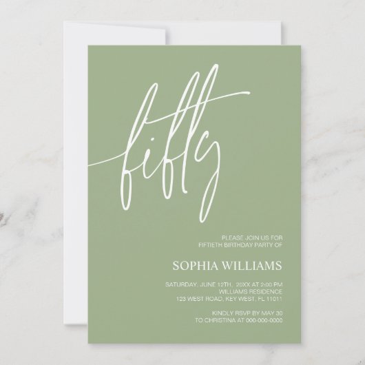 Sage Green Minimalist 50th Birthday Invitation 招待状 (正面)