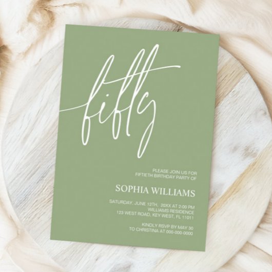 Sage Green Minimalist 50th Birthday Invitation 招待状