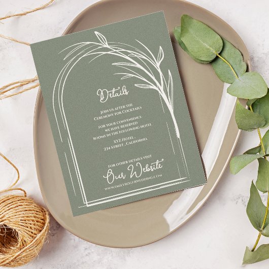 Sage Green Minimalist Arch Botanical Wedding エンクロージャーカード