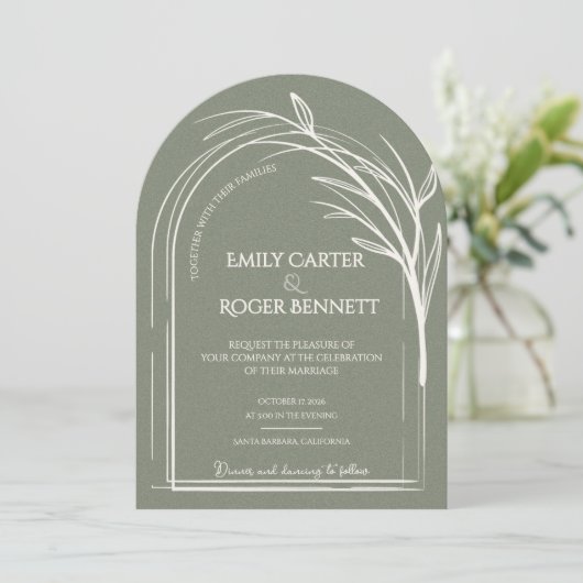 Sage Green Minimalist Arch Botanical Wedding 招待状 (スタンド正面)