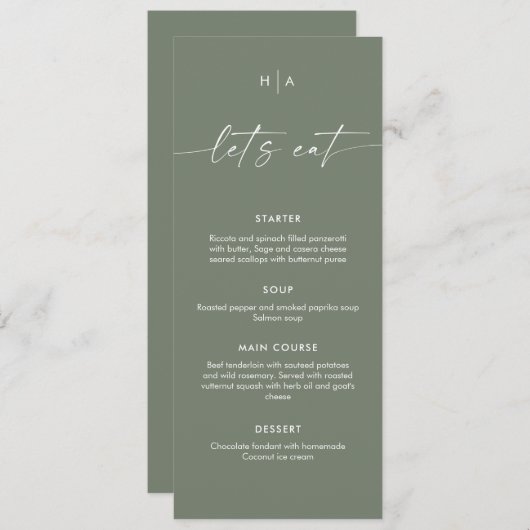 Sage Green Minimalist Handwriting Wedding Dinner  メニュー (正面/裏面)