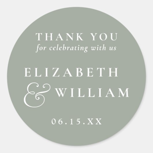  sage green minimalist monogram ウェディング サンクスステッカー ラウンドシール (正面)