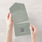 Sage Green Minimalist Monogram QRコード結婚s オールインワン招待状 (貼ってはがせる)