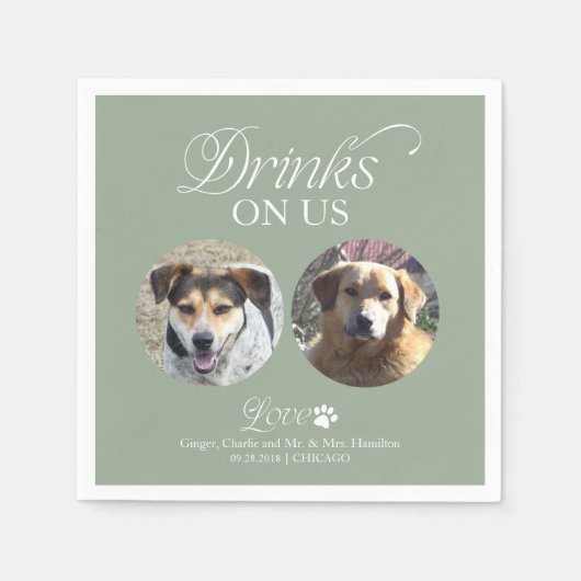 Sage Green Minimalist Pet Photo Wedding スタンダードカクテルナプキン (正面)