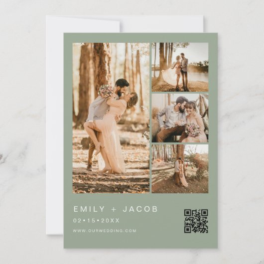 Sage Green Minimalist Photo QR code Wedding 招待状 (正面)