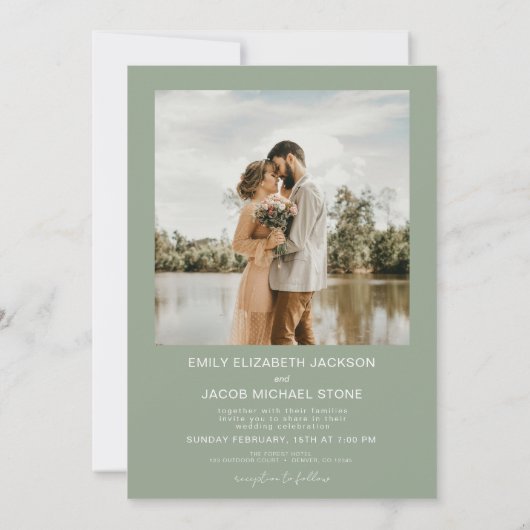 Sage Green Minimalist Photo QR code Wedding 招待状 (裏面)