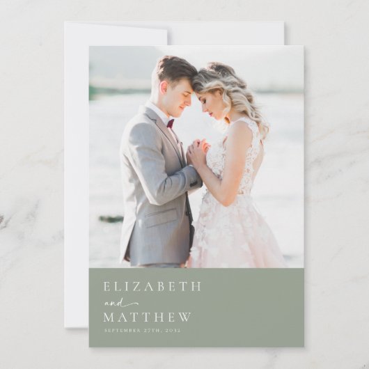 Sage Green Minimalist Script Photo 結婚's サンキューカード (正面)