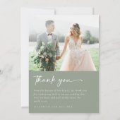 Sage Green Minimalist Script Photo 結婚's サンキューカード (裏面)