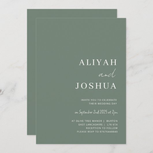 Sage Green minimalist wedding invitation 招待状 (正面/裏面)