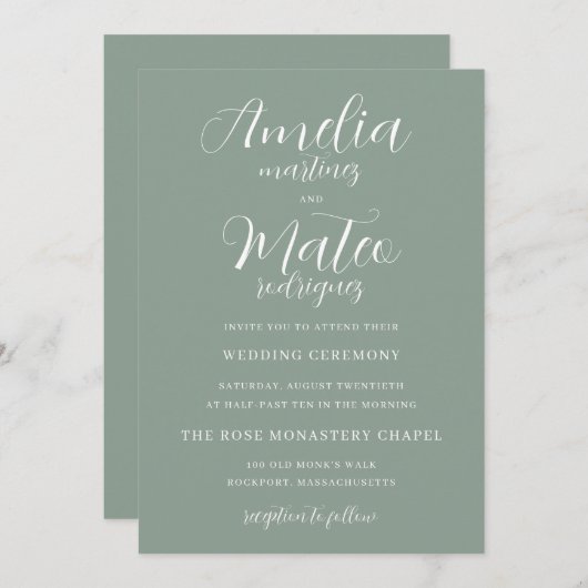Sage Green Minimalist White Script 結婚's 招待状 (正面/裏面)