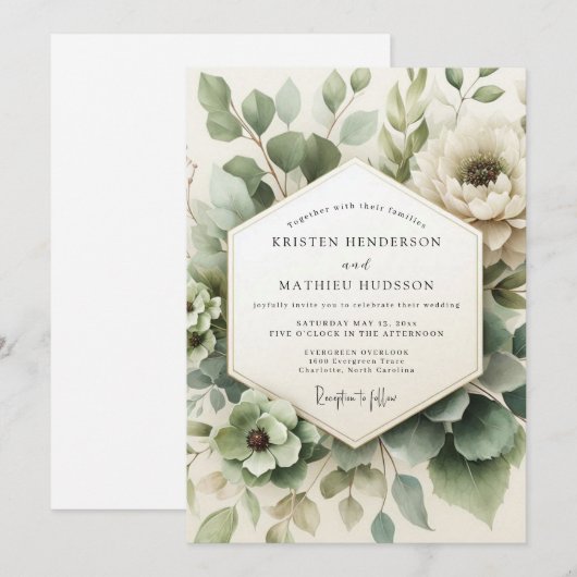 Sage Green Misted Flora Wedding 招待状 (正面/裏面)