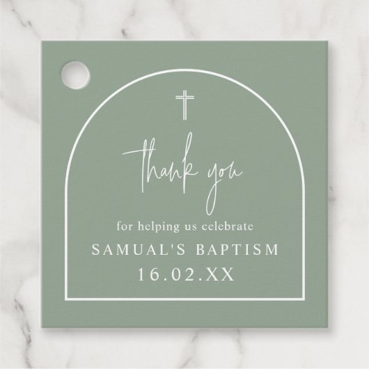 Sage Green Modern Arch Minimalist Baptism Square フェイバータグ (正面)