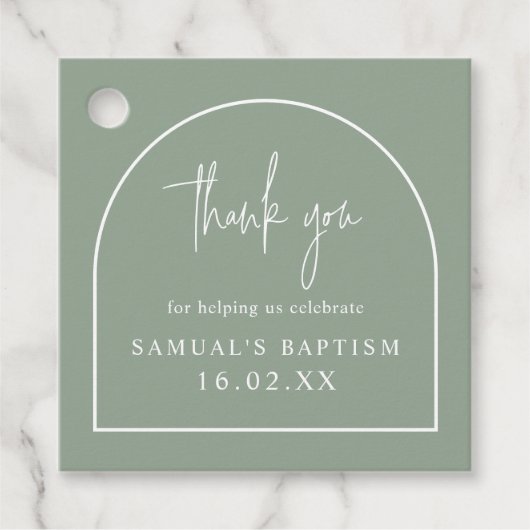 Sage Green Modern Arch Minimalist Baptism Square フェイバータグ (正面)