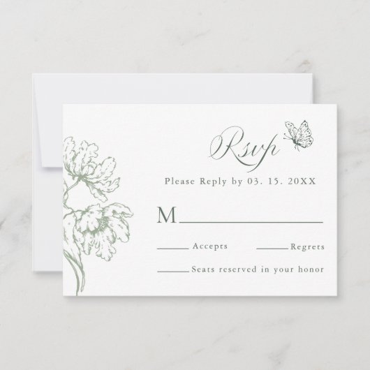 Sage Green Modern Classic Floral Wedding  出欠カード (正面)