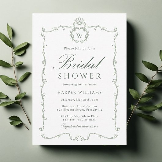 Sage Green Modern Classic Frame Bridal Shower  招待状