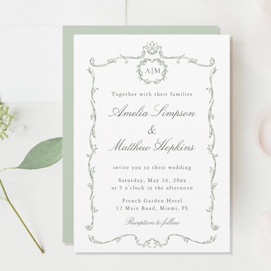 Sage Green Modern Classic French Frame Wedding  招待状