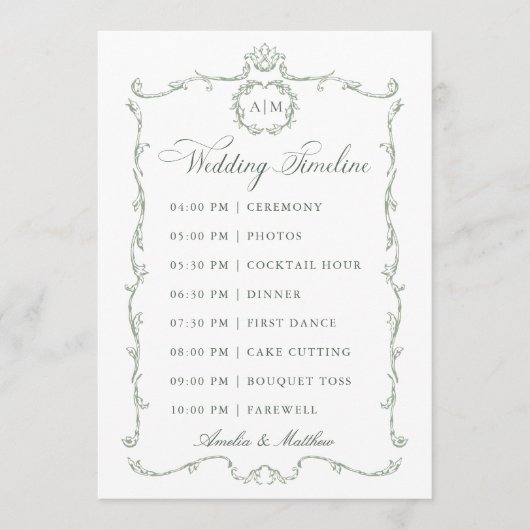 Sage Green Modern Classic French Wedding Timeline プログラム (正面)