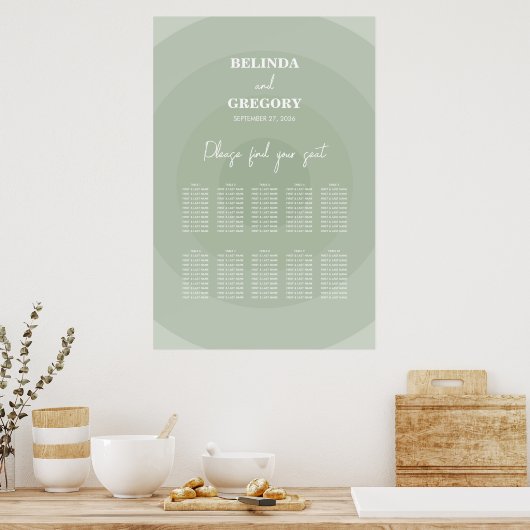 Sage Green Modern Monogram Wedding Seating Chart ポスター (キッチン)