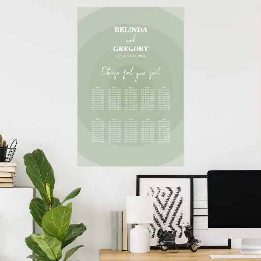Sage Green Modern Monogram Wedding Seating Chart ポスター (ホームオフィス)