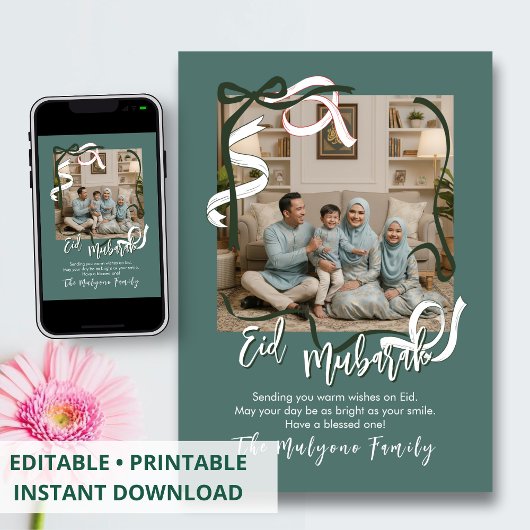 Sage Green Modern Ribbon Family Photo Eid Mubarak シーズンカード