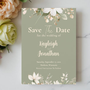 sage green Modern Watercolor Floral Wedding セーブザデート