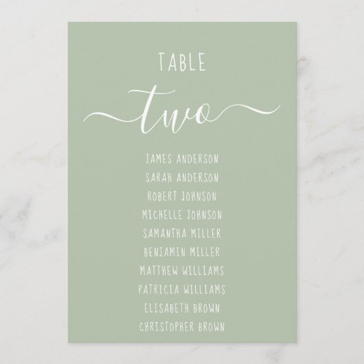 Sage Green Modern White Script Seating Chart Card (正面)