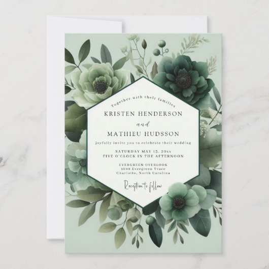 Sage Green Monochromatic Bloom Wedding 招待状 (正面)