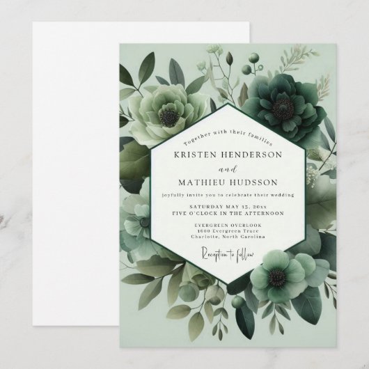 Sage Green Monochromatic Bloom Wedding 招待状 (正面/裏面)