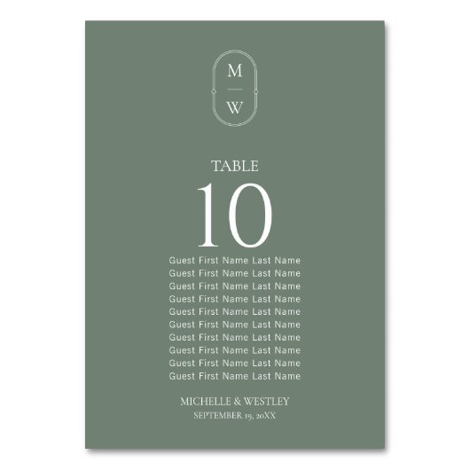 Sage Green Monogramの結婚座席表 テーブルナンバー (正面)