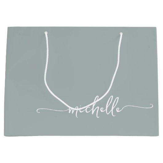 Sage Green Monogram名スクリプト書道 ラージペーパーバッグ (正面)