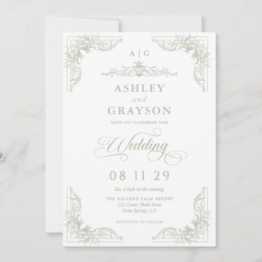 Sage Green Monogram Baroque Wedding 招待状 (正面)