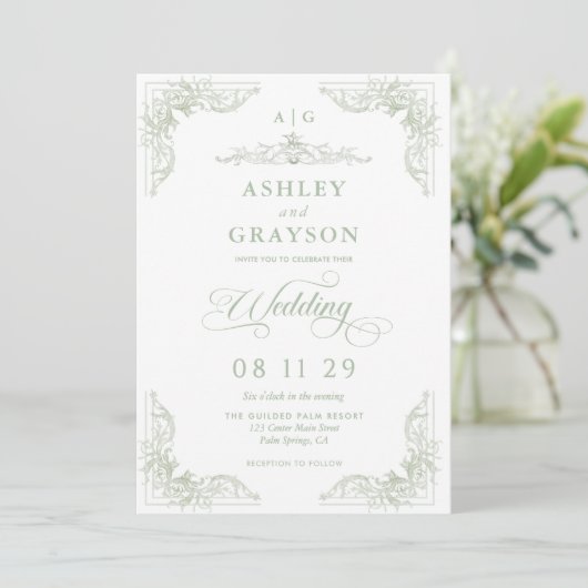 Sage Green Monogram Baroque Wedding 招待状 (スタンド正面)