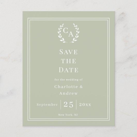 Sage green monogram budget wedding Save the Date  チラシ (正面)