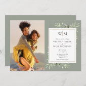Sage Green Monogram Greeneryの写真結婚's 招待状 (正面/裏面)