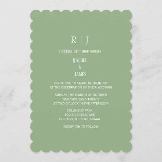 Sage Green Monogram Initials Classy Simple Wedding 招待状 (正面)