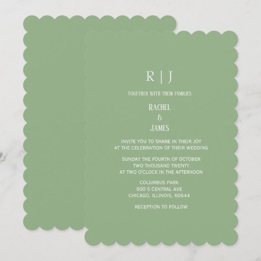 Sage Green Monogram Initials Classy Simple Wedding 招待状 (正面/裏面)