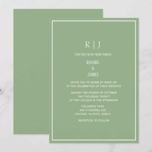 Sage Green Monogram Initials Elegant Wedding 招待状 (正面/裏面)