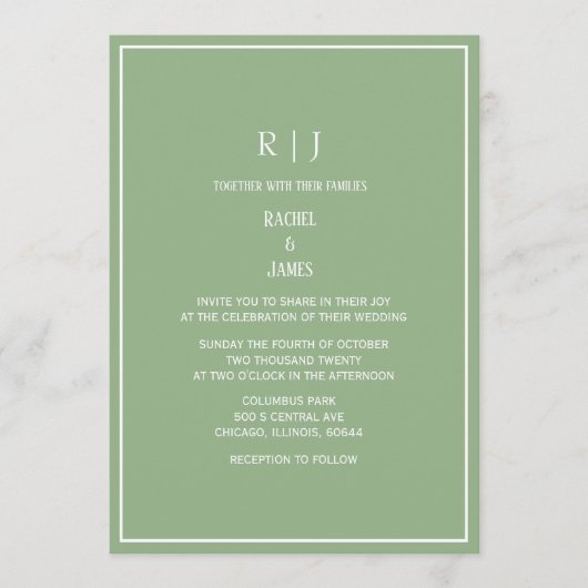 Sage Green Monogram Initials Elegant Wedding 招待状 (正面)
