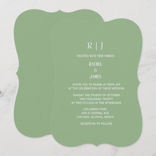 Sage Green Monogram Initials Trendy Wedding 招待状 (正面/裏面)