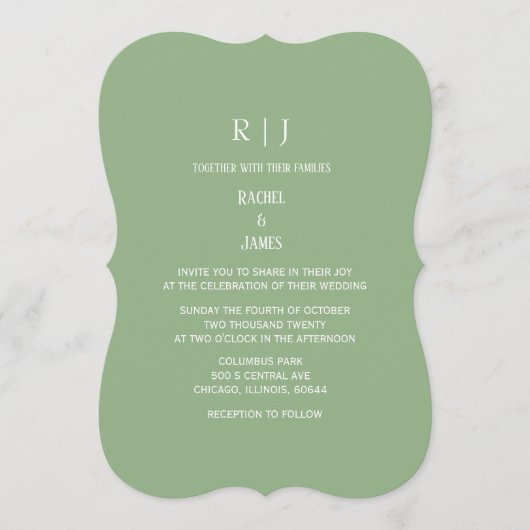 Sage Green Monogram Initials Trendy Wedding 招待状 (正面)