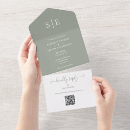 Sage Green Monogram QRコードミニマル結婚リスト オールインワン招待状