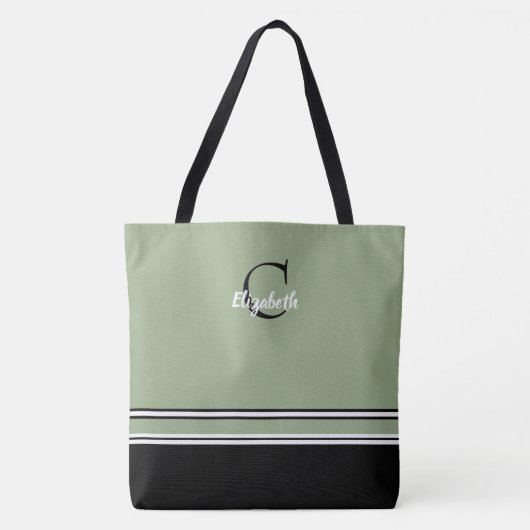 Sage Green Monogram Stripes Personalized  トートバッグ (正面)