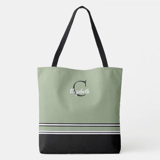 Sage Green Monogram Stripes Personalized  トートバッグ (裏面)
