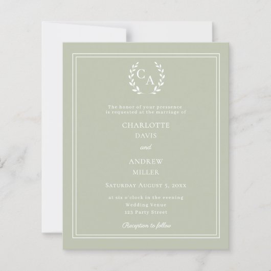 Sage green monogram wreath wedding invitation (正面)