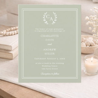Sage green monogram wreath wedding invitation